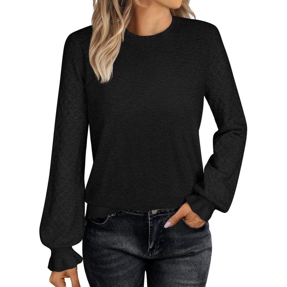 imageANRABESS Sweaters for Women Lace Long Sleeve Tops 2025 Fall Dressy Casual Business Knitted Pullover Shirts Puff Cuffs OutfitsBlack