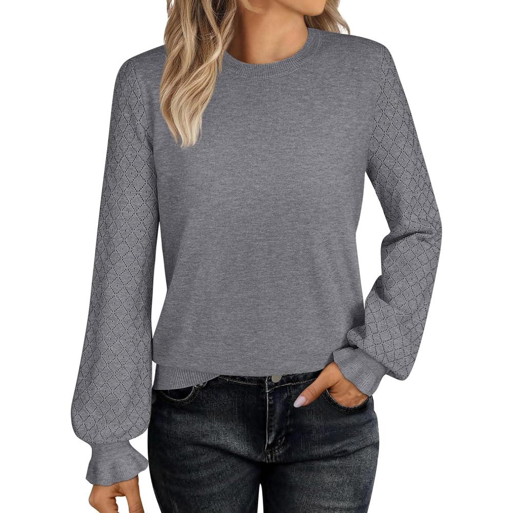 imageANRABESS Sweaters for Women Lace Long Sleeve Tops 2025 Fall Dressy Casual Business Knitted Pullover Shirts Puff Cuffs OutfitsGrey