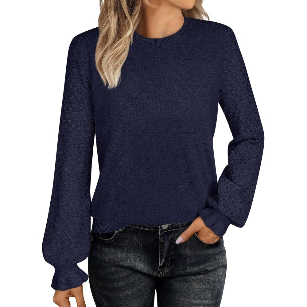 imageANRABESS Sweaters for Women Lace Long Sleeve Tops 2025 Fall Dressy Casual Business Knitted Pullover Shirts Puff Cuffs OutfitsNavy Blue