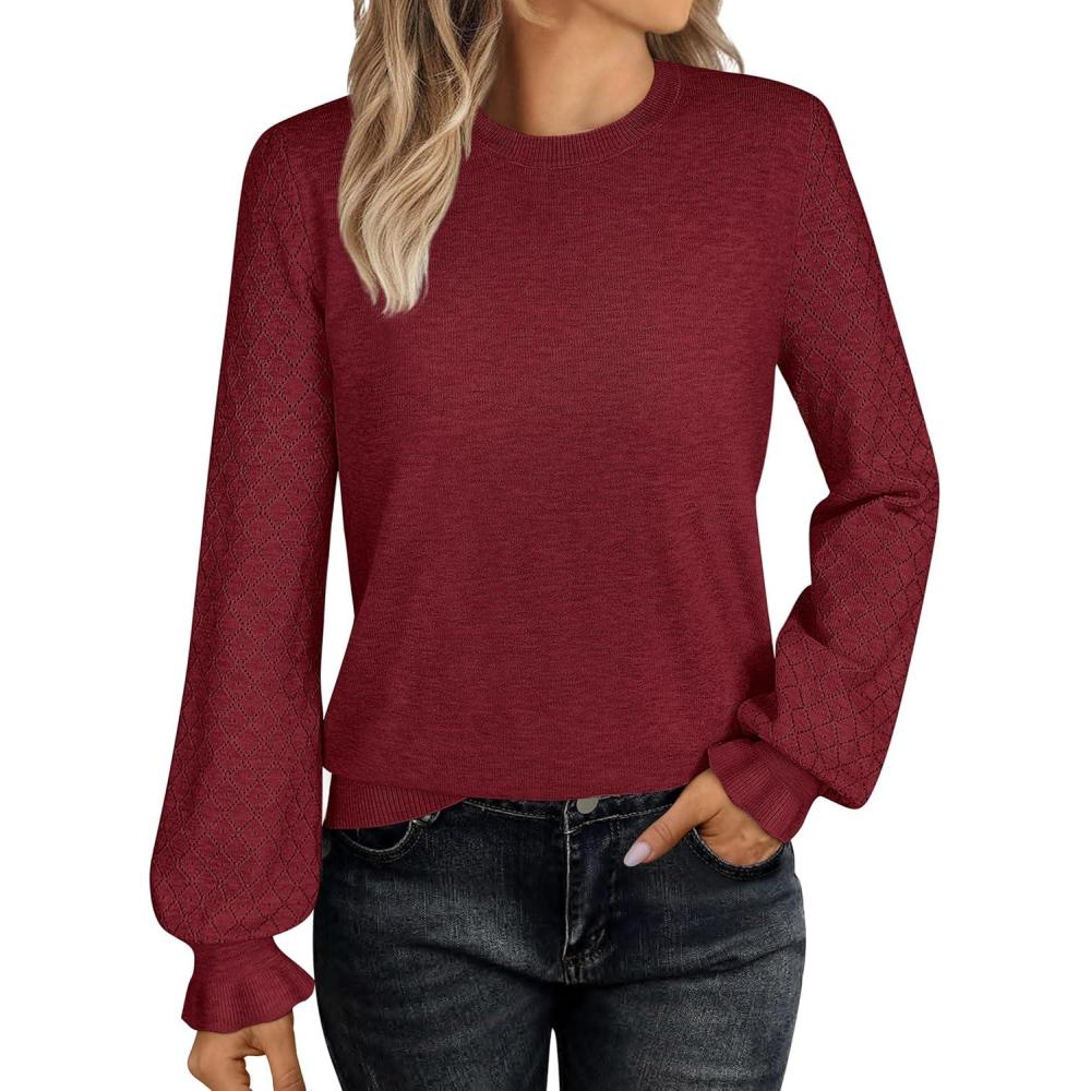 imageANRABESS Sweaters for Women Lace Long Sleeve Tops 2025 Fall Dressy Casual Business Knitted Pullover Shirts Puff Cuffs OutfitsRed