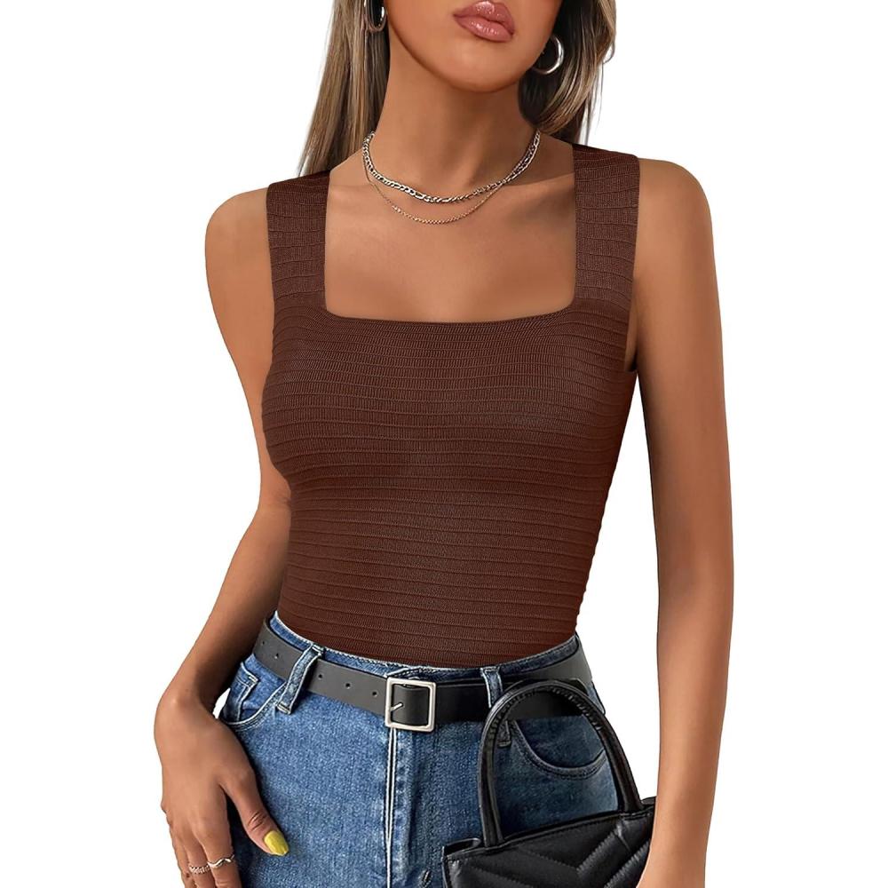 imageANRABESS Tank Tops for Women 2025 Summer Square Neck Rib Knit Sleeveless Basic Slim Fit Shirts Casual Top Trendy OutfitsRed Brown