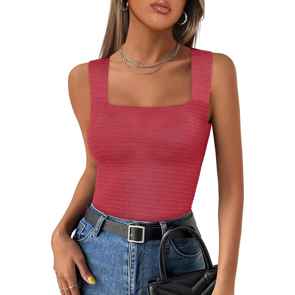 imageANRABESS Tank Tops for Women 2025 Summer Square Neck Rib Knit Sleeveless Basic Slim Fit Shirts Casual Top Trendy OutfitsWatermelon Red