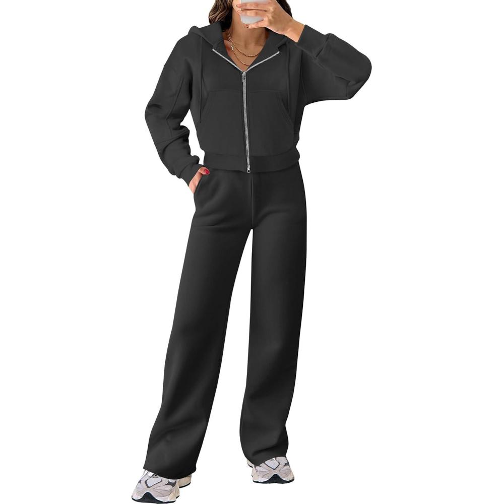 imageANRABESS Women 2 Piece Outfits Sweatsuit Zip Up Crop Hoodies SweatPants Lounge Matching Sweat Set 2024 Winter Trendy ClothesBlack