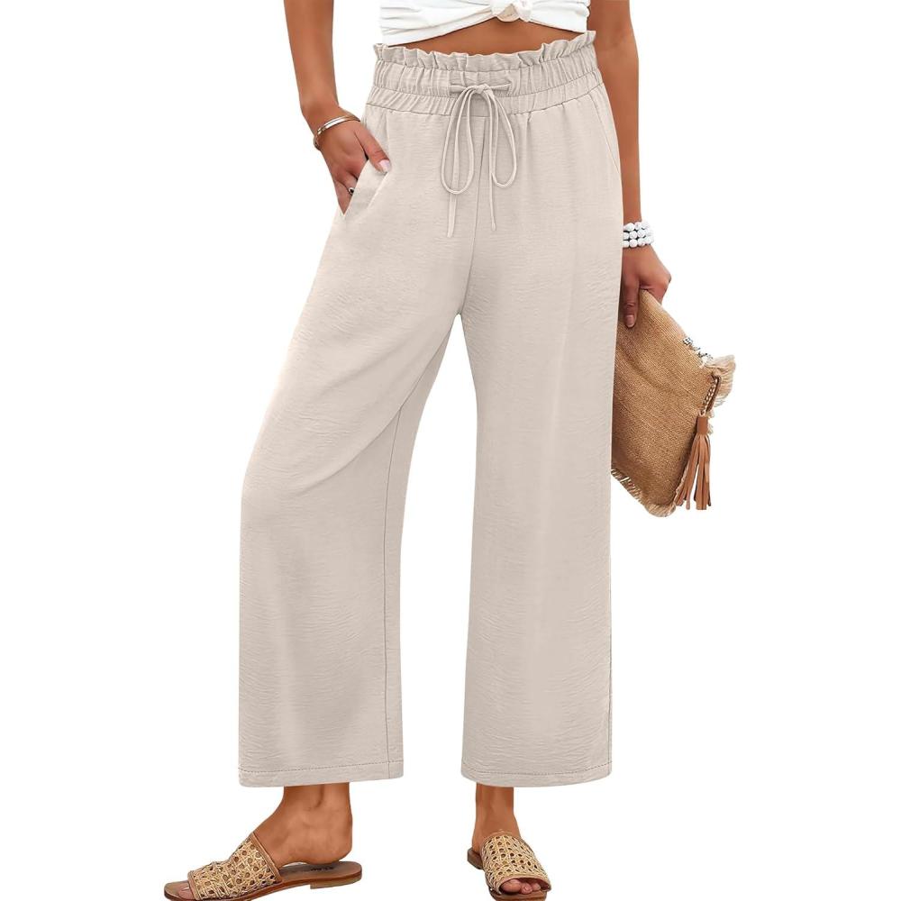 imageANRABESS Women 2025 Summer Casual Flowy Loose High Waist Boho Wide Leg Cropped Palazzo Lounge Beach Vacation Pants TrousersBeige