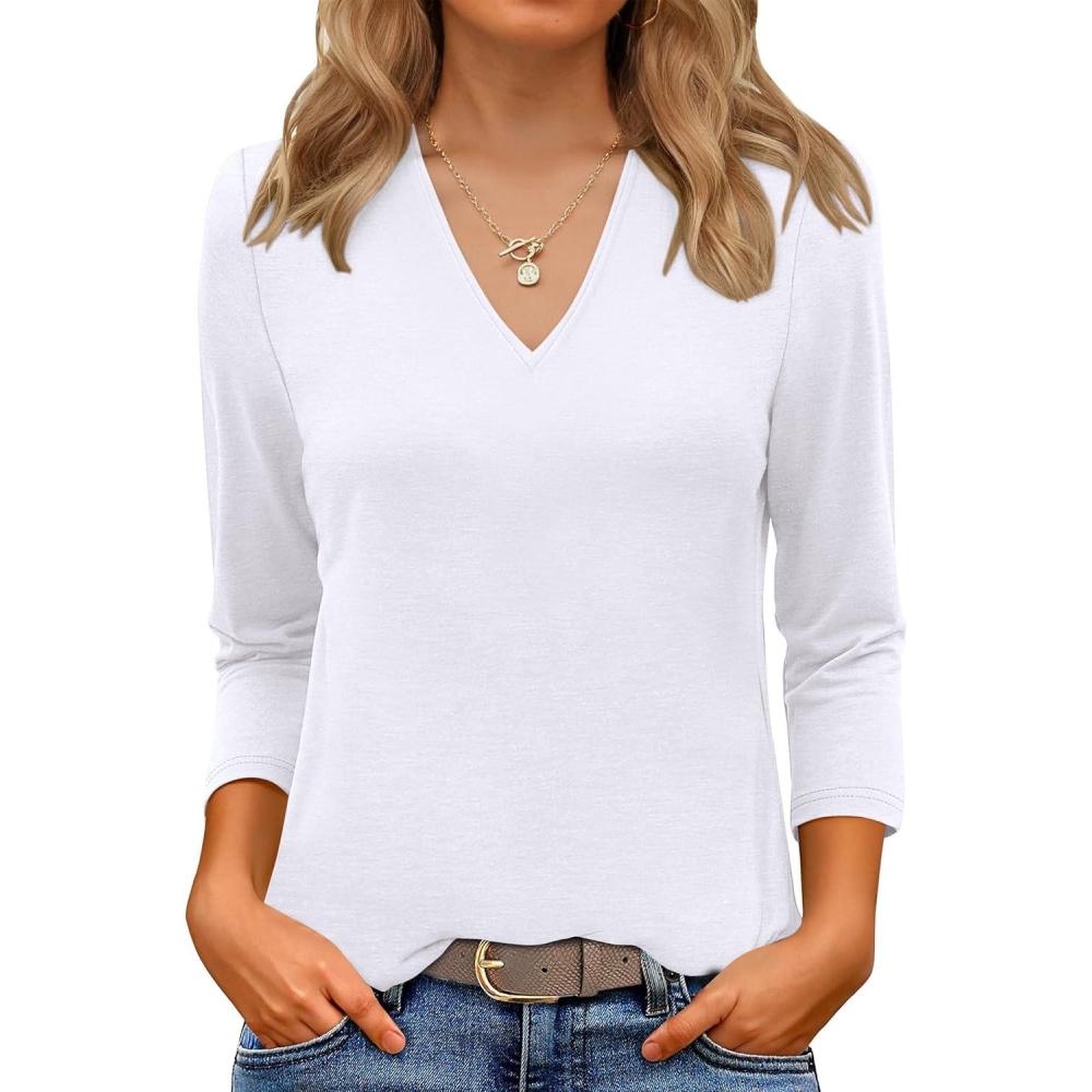 imageANRABESS Women 34 Length Sleeve Tops V Neck Basic Dressy Casual Business Tunic Tee Shirts 2025 Fall Summer Trendy OutfitsWhite