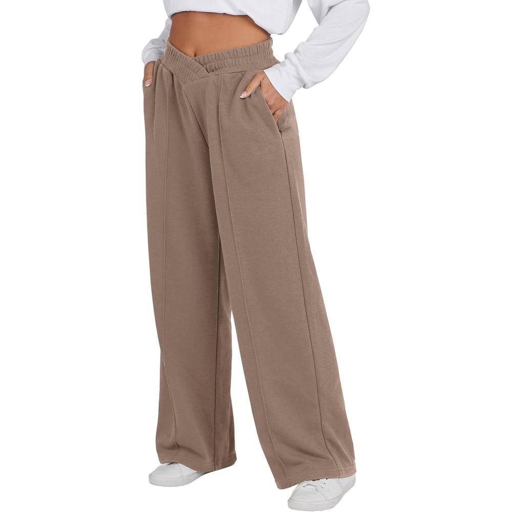 imageANRABESS Women Asymmetric High Waist Wide Straight Leg Sweatpants with Pockets 2024 Fall Trendy Sweat Jogger PantsLight Brown