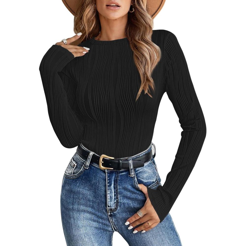 imageANRABESS Women Long Sleeve Tops Slim Fitted Business Casual Shirts Rib Textured TShirts 2025 Fall Outfits Dressy Work BlouseBlack