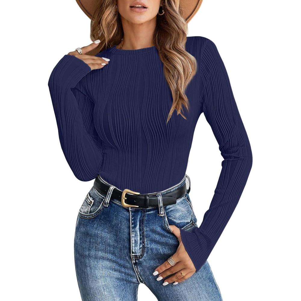 imageANRABESS Women Long Sleeve Tops Slim Fitted Business Casual Shirts Rib Textured TShirts 2025 Fall Outfits Dressy Work BlouseNavy Blue