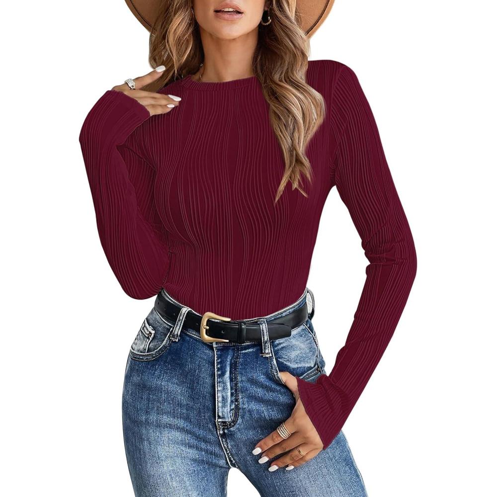imageANRABESS Women Long Sleeve Tops Slim Fitted Business Casual Shirts Rib Textured TShirts 2025 Fall Outfits Dressy Work BlouseWine Red