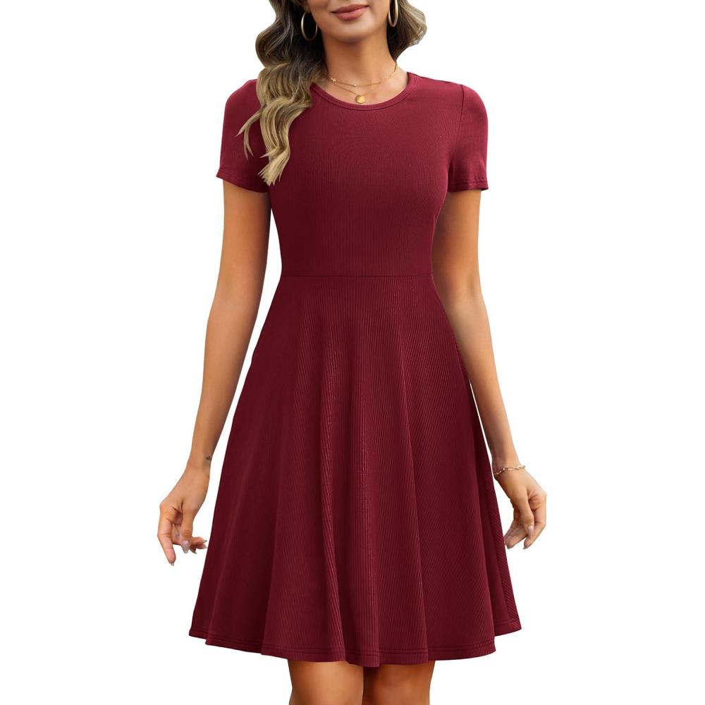 imageANRABESS Women Summer Short Sleeve Ribbed Knit Fit ampamp Flare ALine Flowy Business Casual Work Basic Mini Dress with PocketsRed