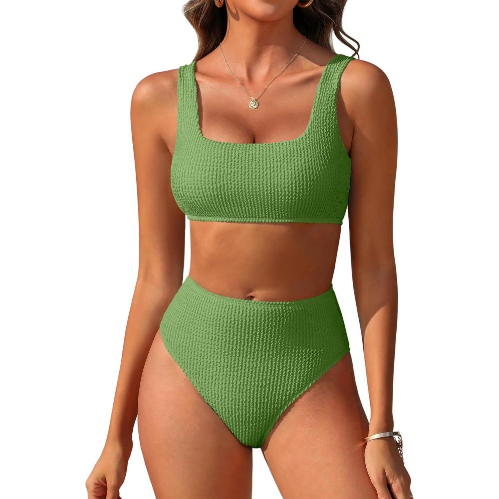imageANRABESS Women Swimsuits Two Piece Bikini Set High Waisted Ribbed Tummy Control Modest Bathing Suits 2025 Beach Swim WearArmy Green