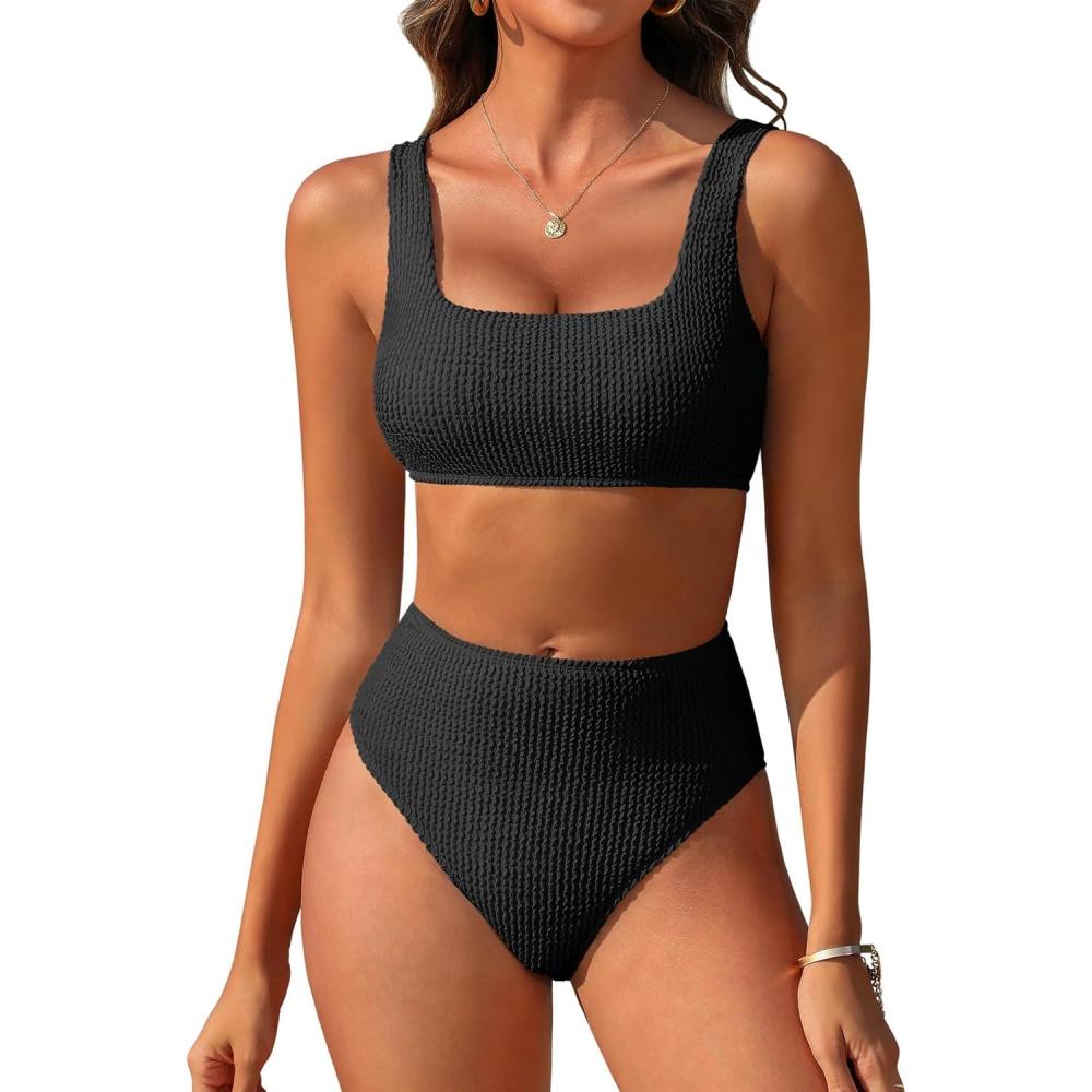 imageANRABESS Women Swimsuits Two Piece Bikini Set High Waisted Ribbed Tummy Control Modest Bathing Suits 2025 Beach Swim WearBlack