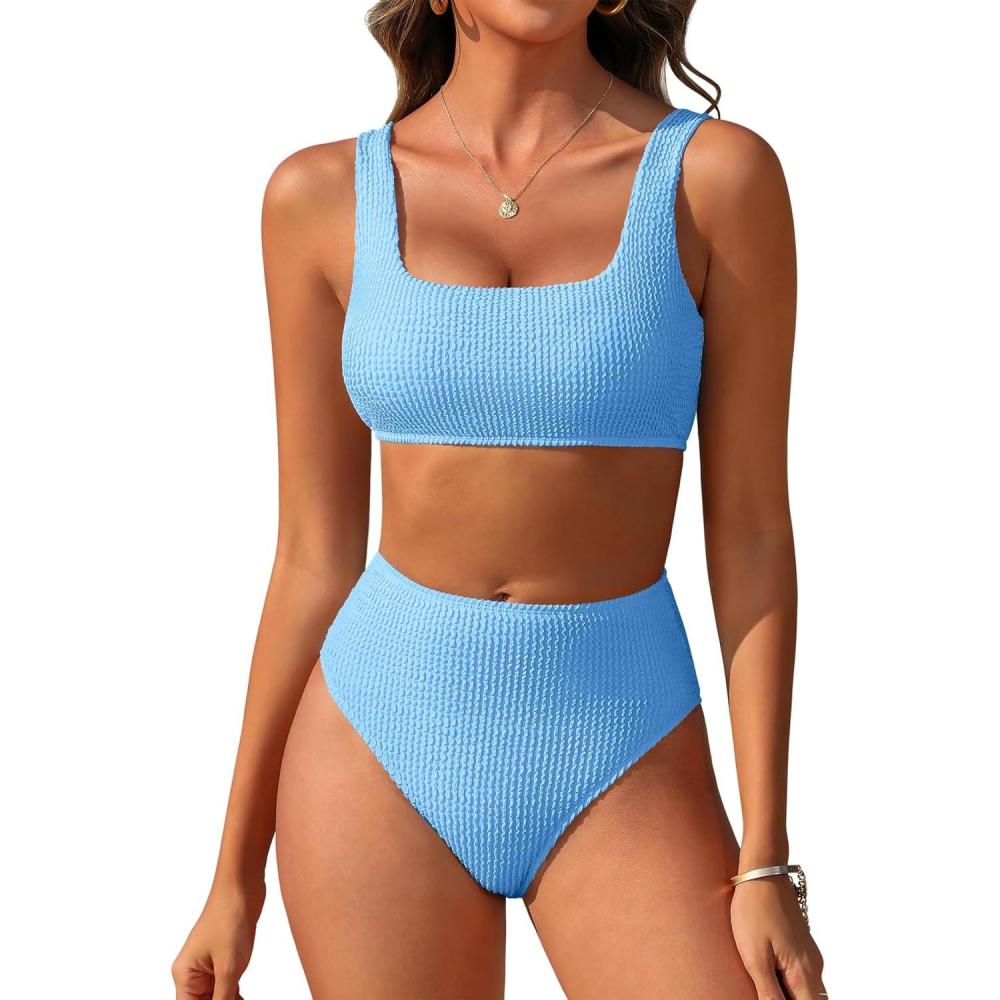 imageANRABESS Women Swimsuits Two Piece Bikini Set High Waisted Ribbed Tummy Control Modest Bathing Suits 2025 Beach Swim WearLight Blue