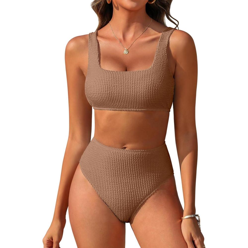 imageANRABESS Women Swimsuits Two Piece Bikini Set High Waisted Ribbed Tummy Control Modest Bathing Suits 2025 Beach Swim WearLight Brown