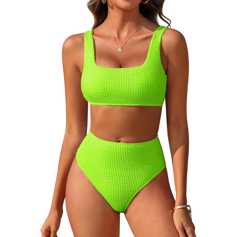 imageANRABESS Women Swimsuits Two Piece Bikini Set High Waisted Ribbed Tummy Control Modest Bathing Suits 2025 Beach Swim WearNeon Green