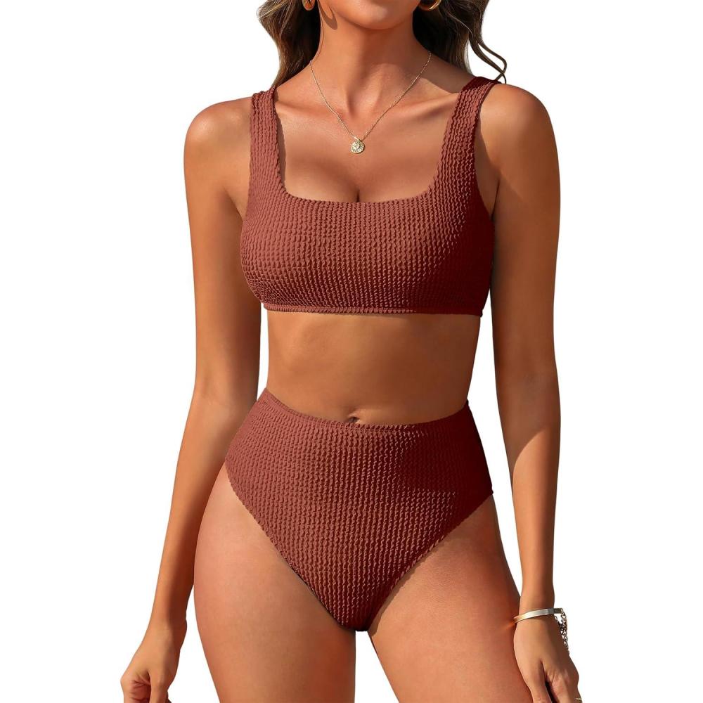 imageANRABESS Women Swimsuits Two Piece Bikini Set High Waisted Ribbed Tummy Control Modest Bathing Suits 2025 Beach Swim WearRed Brown