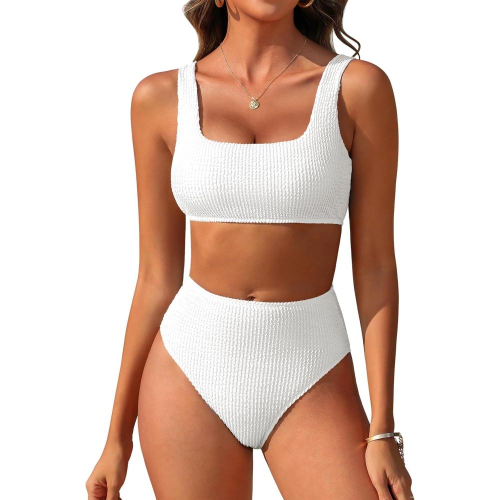 imageANRABESS Women Swimsuits Two Piece Bikini Set High Waisted Ribbed Tummy Control Modest Bathing Suits 2025 Beach Swim WearWhite