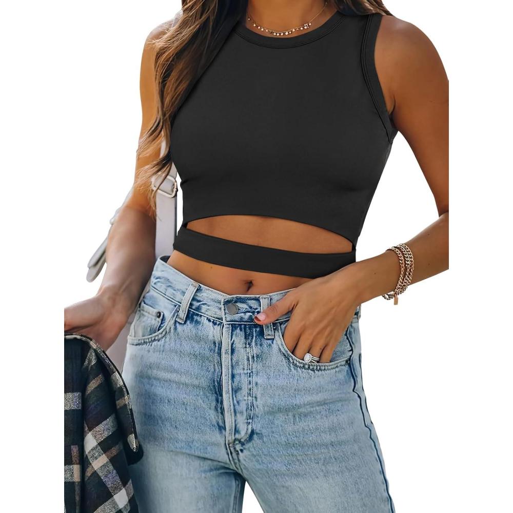 imageANRABESS Women Tank Tops High Neck Sleeveless Sexy Cutout Racer Back Going Out Crop Tops Shirts Summer Y2K OutfitsBlack