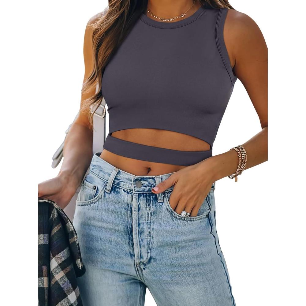 imageANRABESS Women Tank Tops High Neck Sleeveless Sexy Cutout Racer Back Going Out Crop Tops Shirts Summer Y2K OutfitsDark Gray