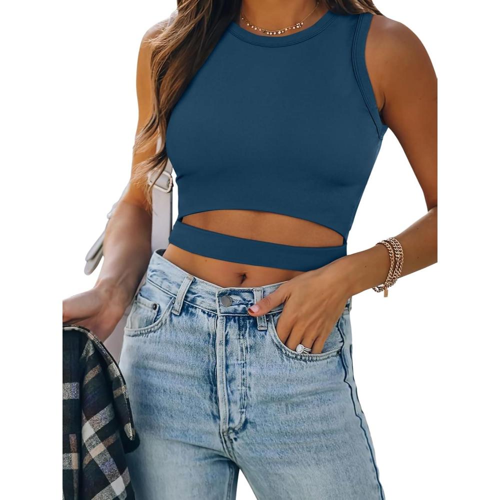 imageANRABESS Women Tank Tops High Neck Sleeveless Sexy Cutout Racer Back Going Out Crop Tops Shirts Summer Y2K OutfitsDeep Blue