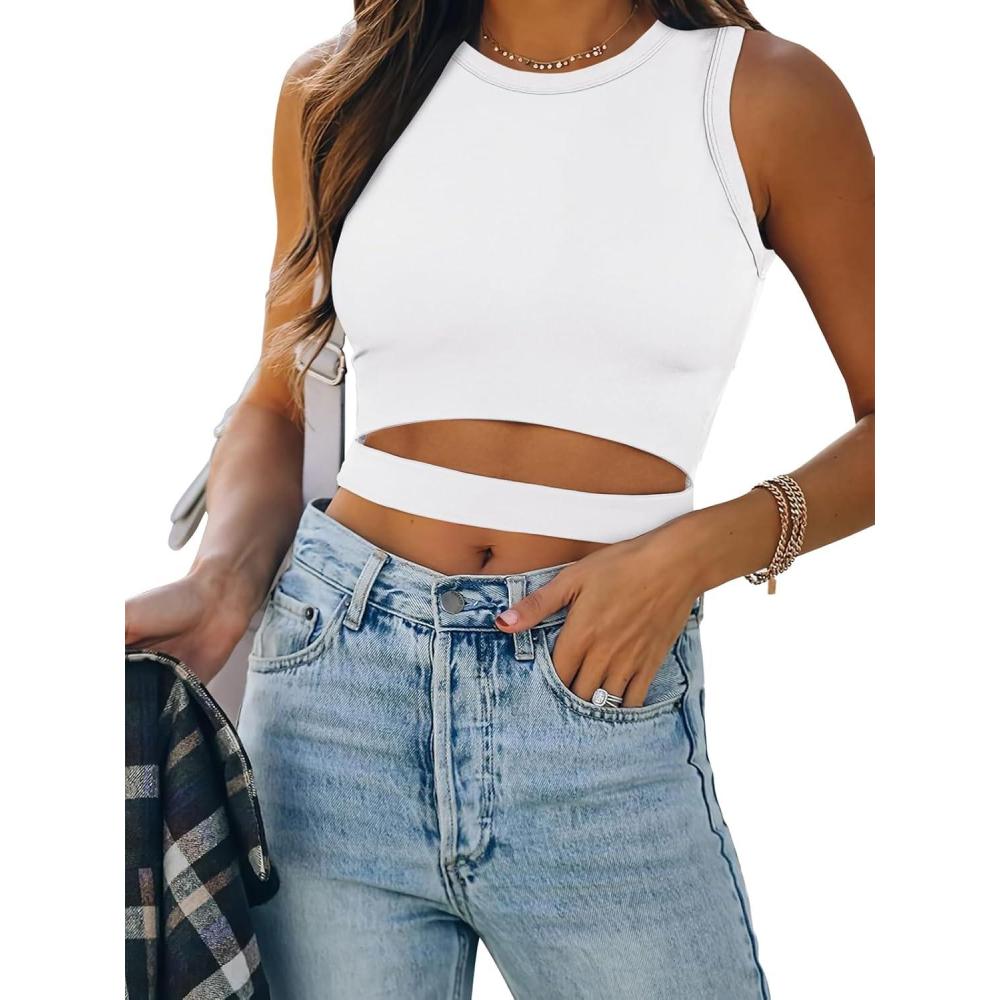 imageANRABESS Women Tank Tops High Neck Sleeveless Sexy Cutout Racer Back Going Out Crop Tops Shirts Summer Y2K OutfitsWhite
