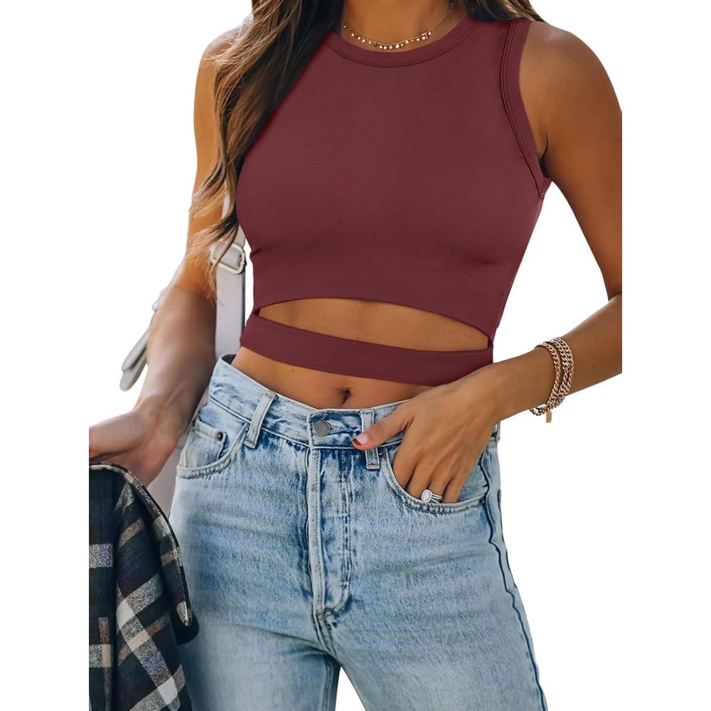 imageANRABESS Women Tank Tops High Neck Sleeveless Sexy Cutout Racer Back Going Out Crop Tops Shirts Summer Y2K OutfitsWine Red