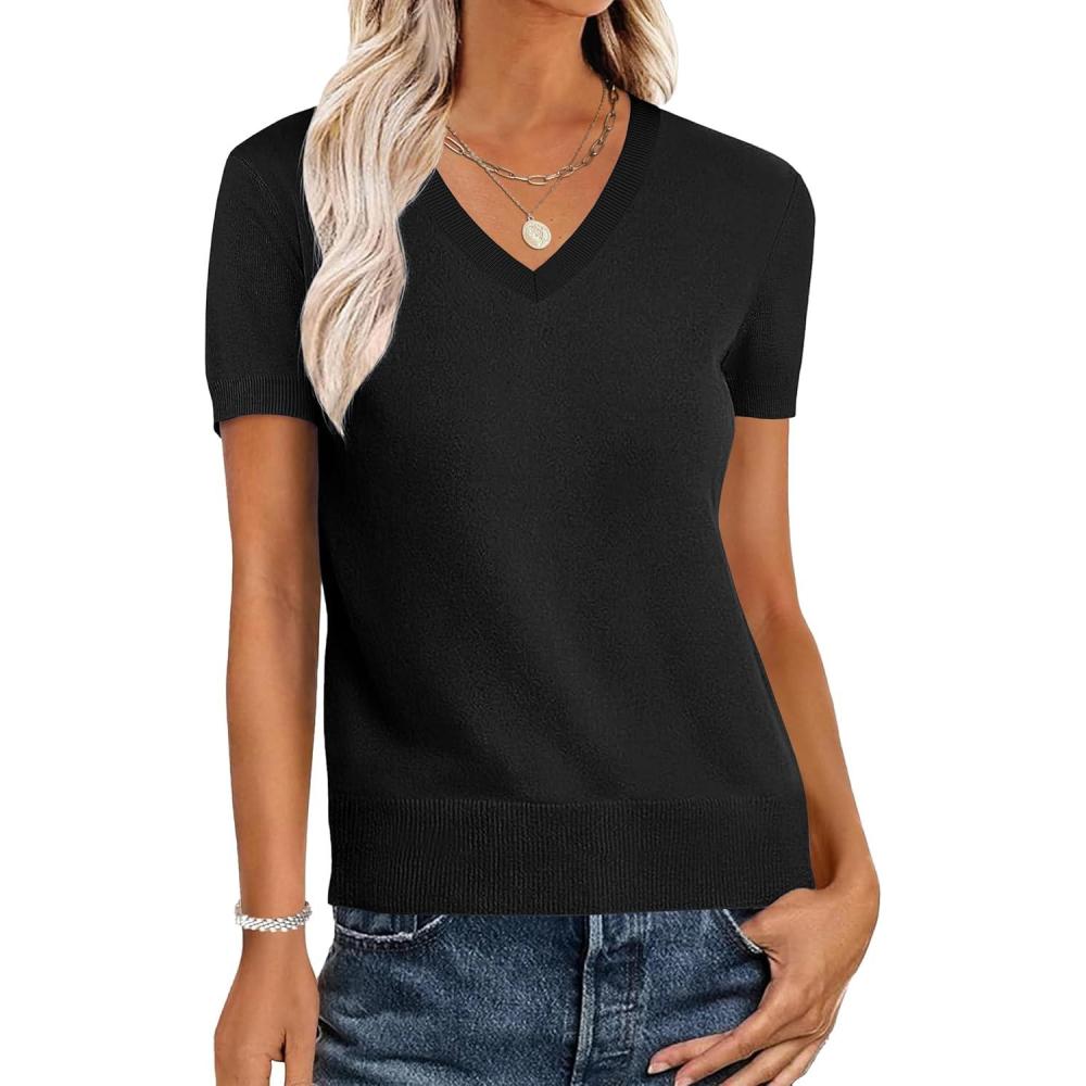 imageANRABESS Women Wool Blend Sweater Summer 2025 Short Sleeve V Neck Pullover Top Business Casual Outfit Beach Vacation ClothesBlack
