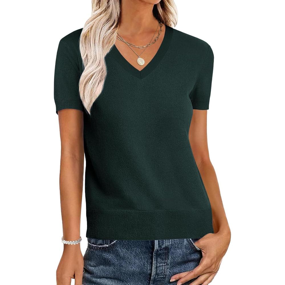 imageANRABESS Women Wool Blend Sweater Summer 2025 Short Sleeve V Neck Pullover Top Business Casual Outfit Beach Vacation ClothesDark Green