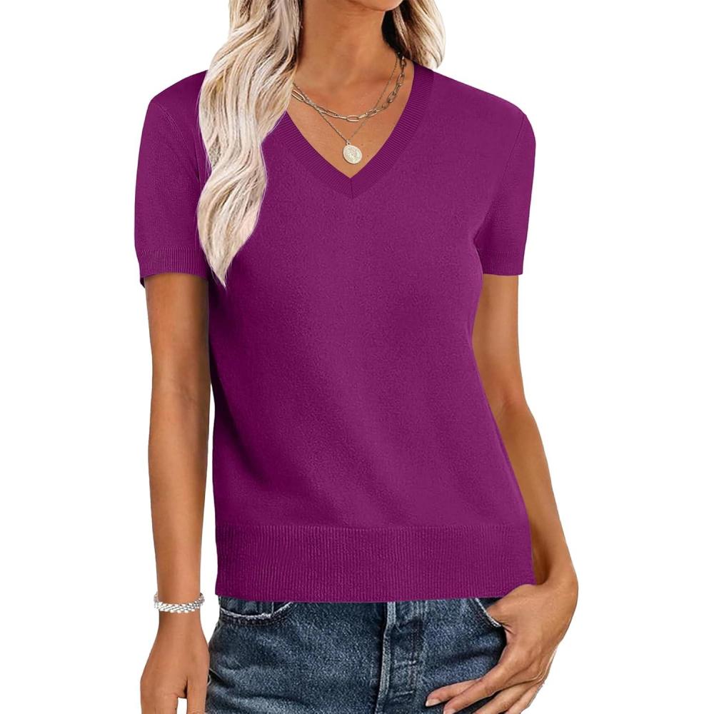imageANRABESS Women Wool Blend Sweater Summer 2025 Short Sleeve V Neck Pullover Top Business Casual Outfit Beach Vacation ClothesDeep Hot Pink