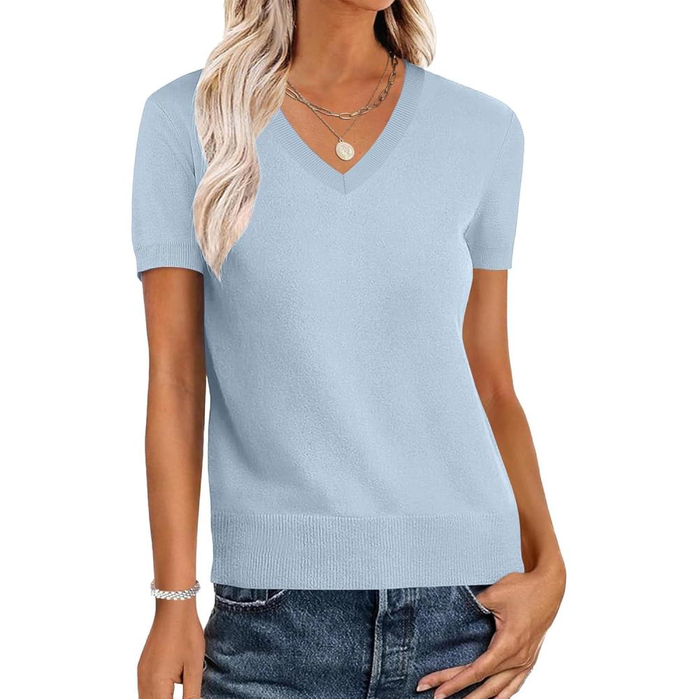 imageANRABESS Women Wool Blend Sweater Summer 2025 Short Sleeve V Neck Pullover Top Business Casual Outfit Beach Vacation ClothesLight Blue