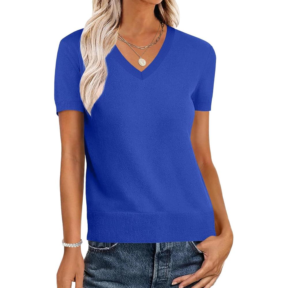 imageANRABESS Women Wool Blend Sweater Summer 2025 Short Sleeve V Neck Pullover Top Business Casual Outfit Beach Vacation ClothesRoyal Blue