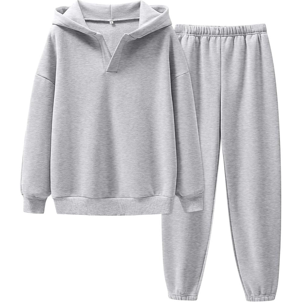 imageANRABESS Womens 2 Piece Outfits Lounge Hoodie Oversized Sweatshirt V Neck Pullover Jogger Sweatpants 2025 Fall Matching SetGrey