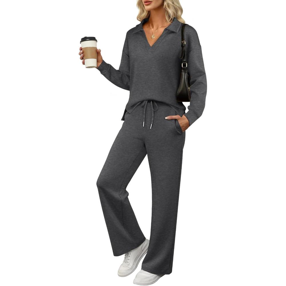 imageANRABESS Womens 2 Piece Outfits Lounge Sets Casual Long Sleeve Sweatsuits Polo Top Wide Leg Pants Fall Sweat Matching SetsDark Grey