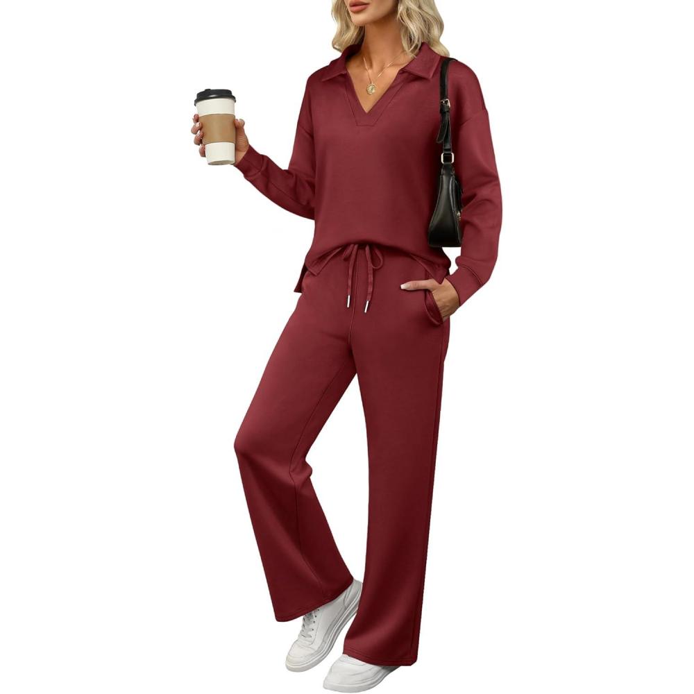 imageANRABESS Womens 2 Piece Outfits Lounge Sets Casual Long Sleeve Sweatsuits Polo Top Wide Leg Pants Fall Sweat Matching SetsWine Red