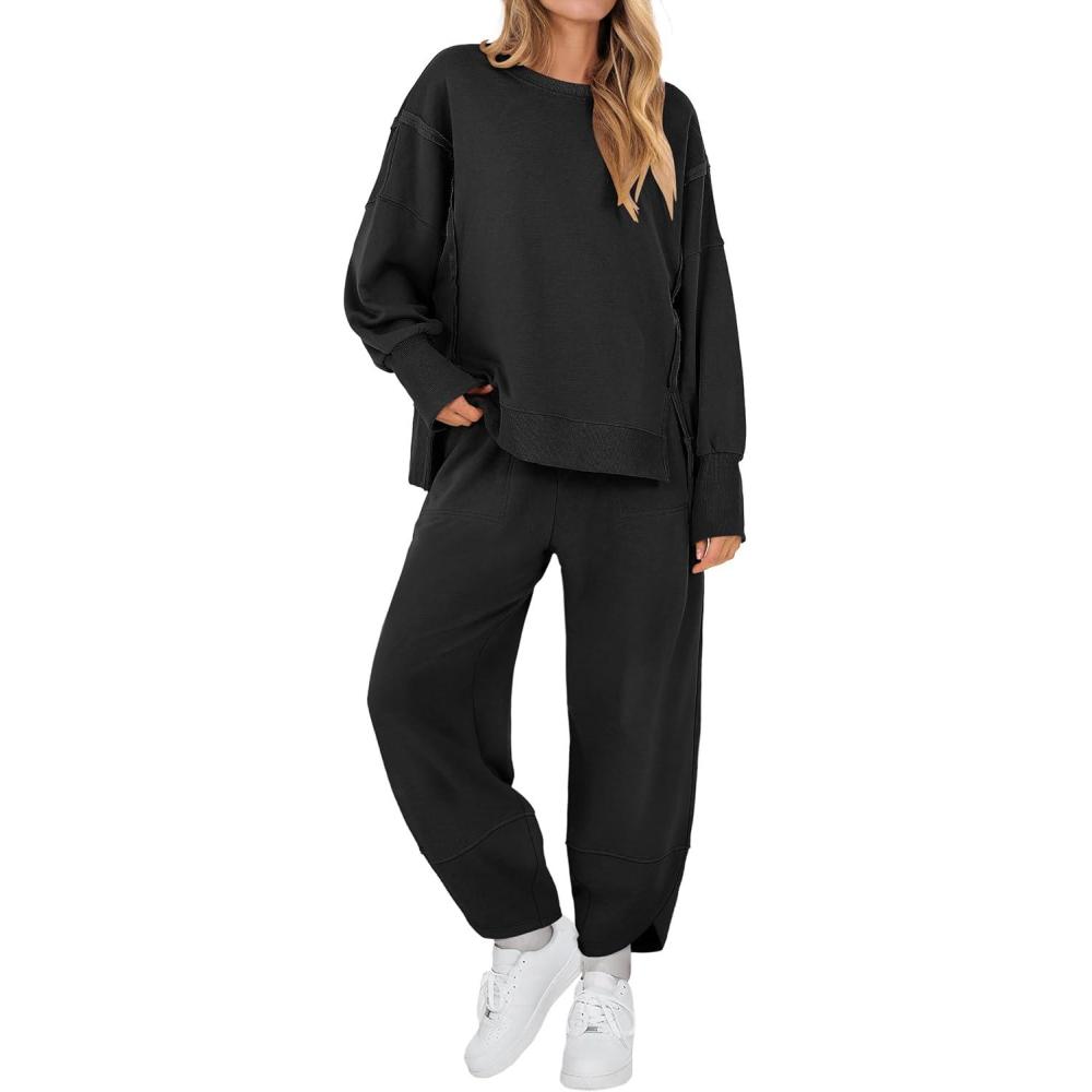 imageANRABESS Womens 2 Piece Outfits Sweatsuits Oversized Sweatshirts Barrel Pants Matching Lounge Sets 2025 Fall Travel ClothesBlack