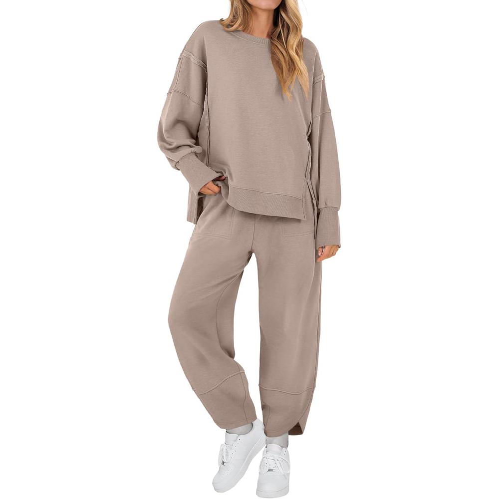 imageANRABESS Womens 2 Piece Outfits Sweatsuits Oversized Sweatshirts Barrel Pants Matching Lounge Sets 2025 Fall Travel ClothesKhaki