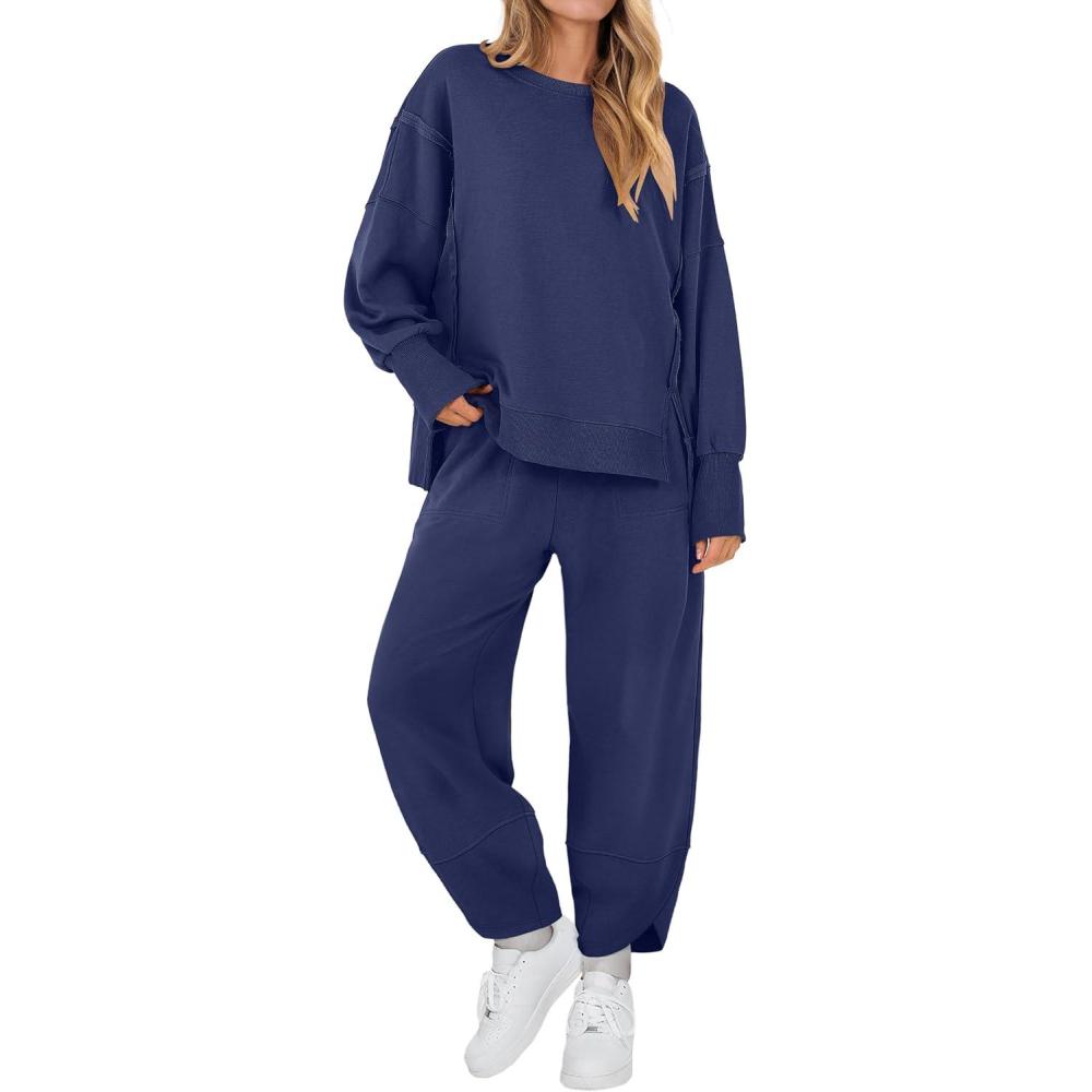 imageANRABESS Womens 2 Piece Outfits Sweatsuits Oversized Sweatshirts Barrel Pants Matching Lounge Sets 2025 Fall Travel ClothesNavy Blue