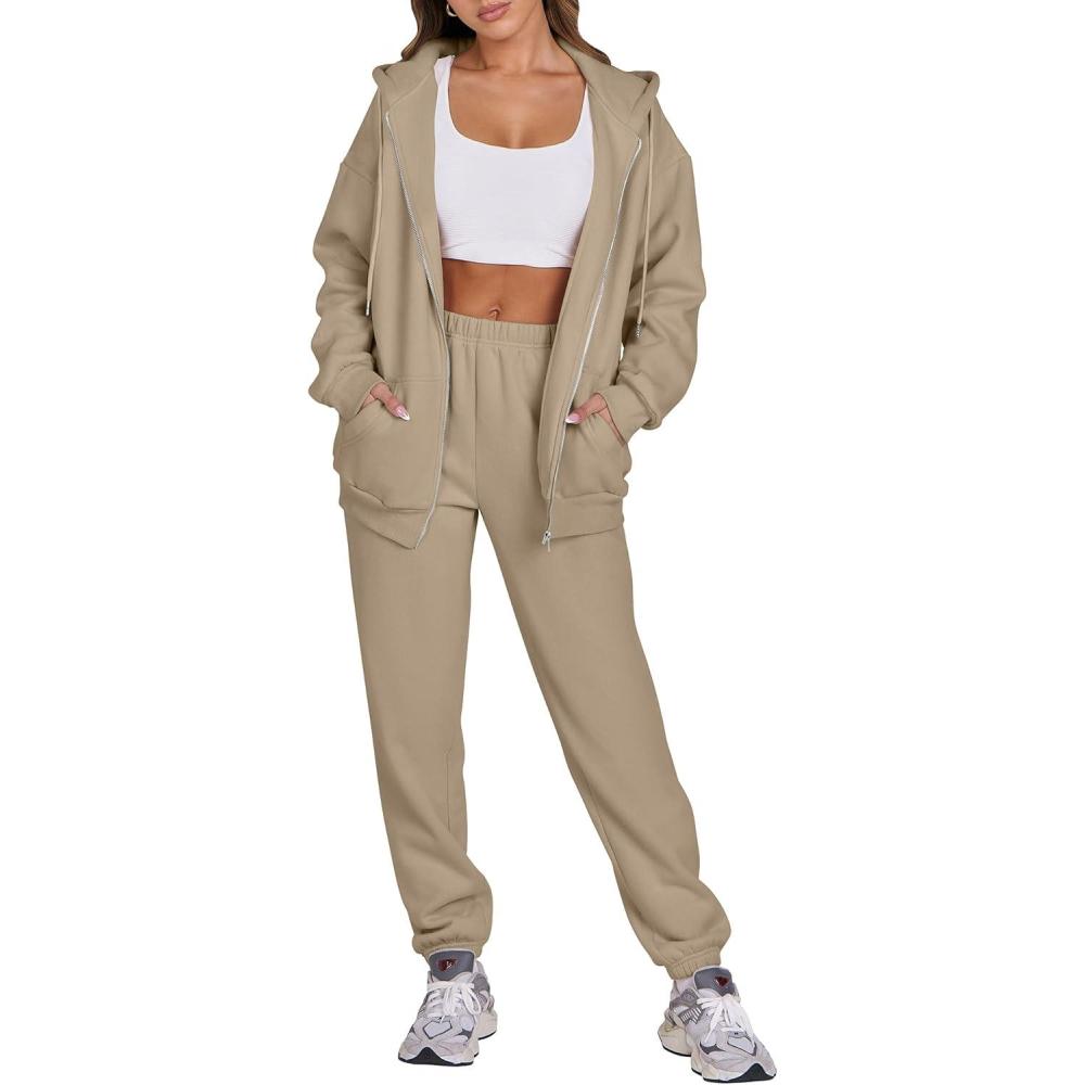 imageANRABESS Womens 2 Piece Outfits Sweatsuits Oversized Zip Up Sweatshirt Jogger Sweatpants Tracksuit Sweat Lounge Matching SetLight Khaki