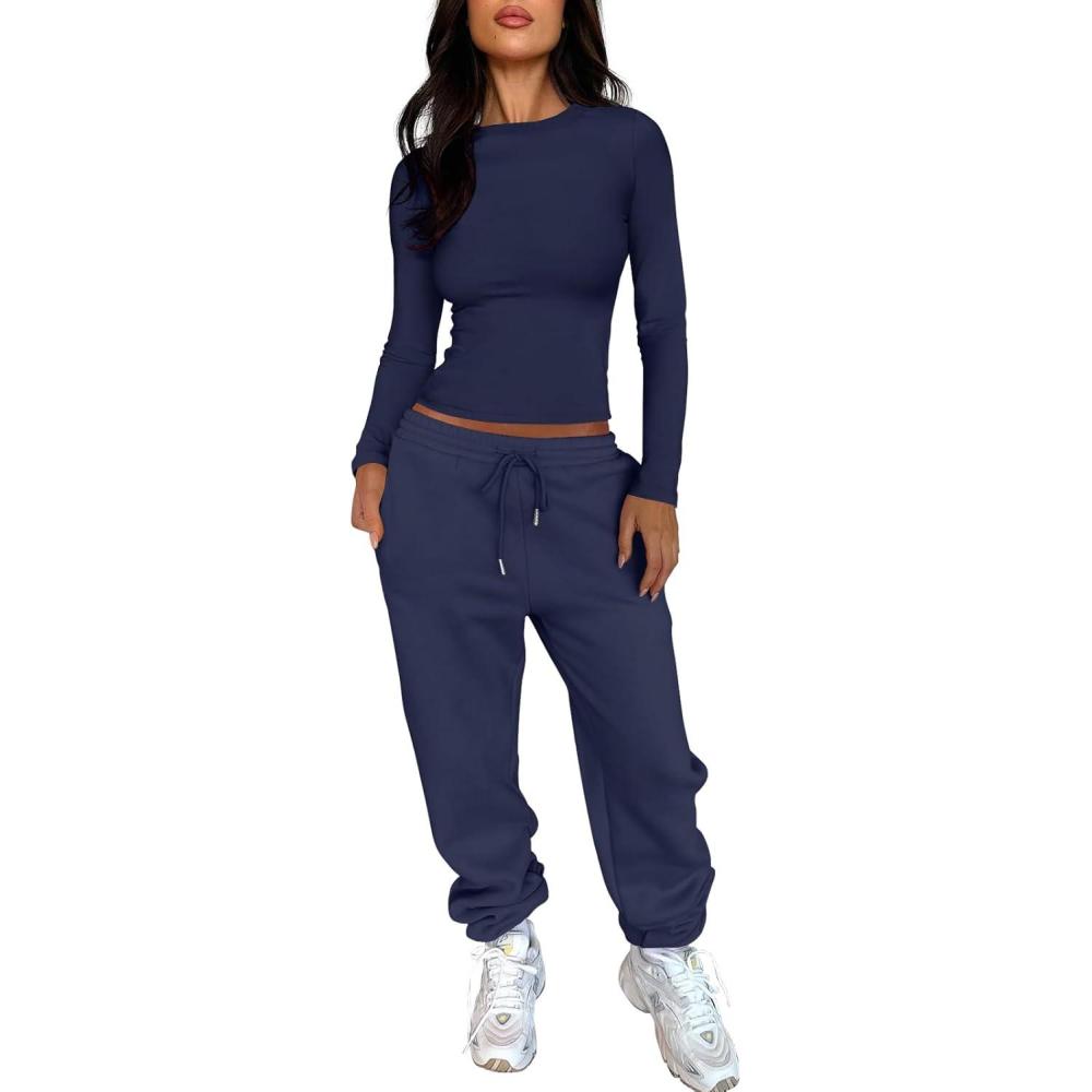 imageANRABESS Womens 2 Piece Sweatsuits Long Sleeve Tight Shirt Tops Joggers Fleece Sweatpants Sets 2025 Fall Sweat Lounge OutfitsNavy Blue
