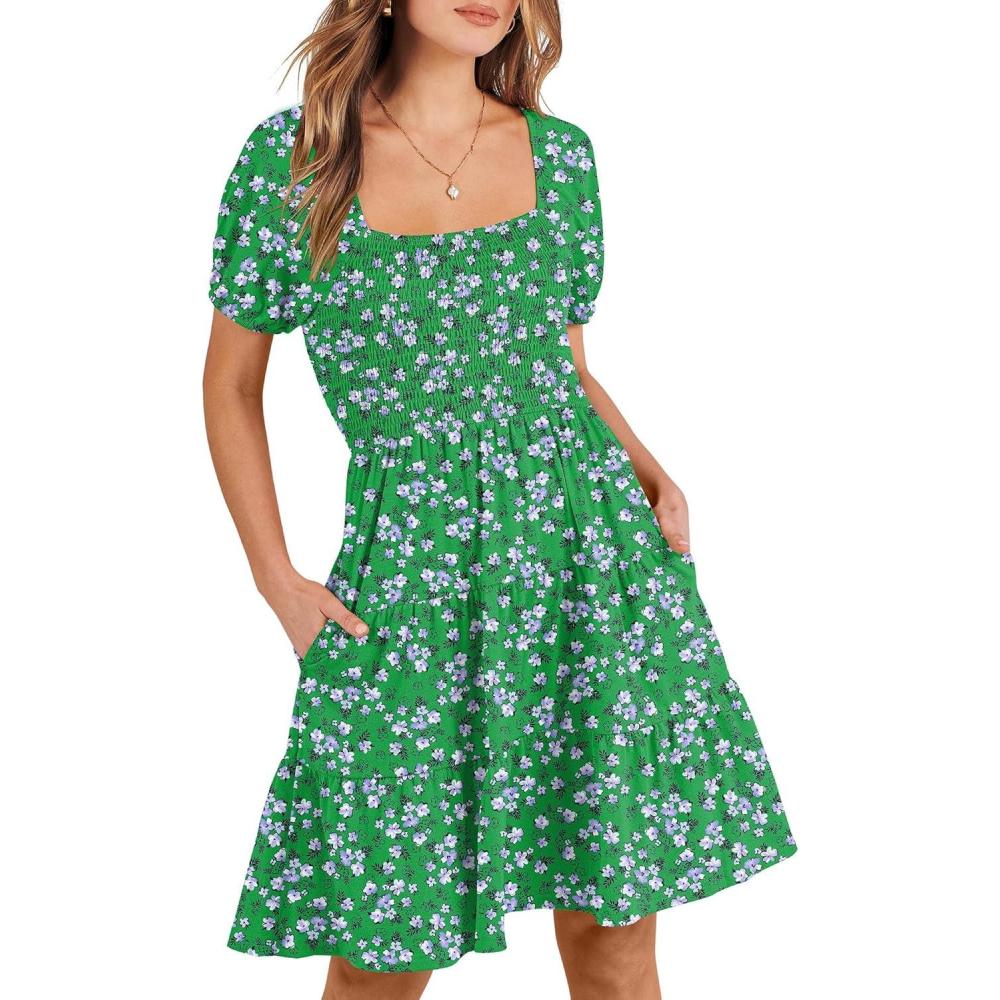 imageANRABESS Womens 2025 Summer Casual Dress Square Neck Puff Sleeve Boho Beach Vacation Short DressGreen Floral