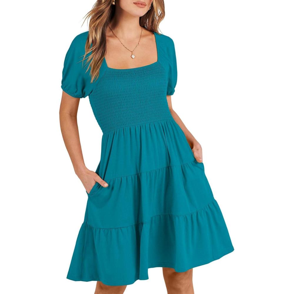 imageANRABESS Womens 2025 Summer Casual Dress Square Neck Puff Sleeve Boho Beach Vacation Short DressLake Green Teal