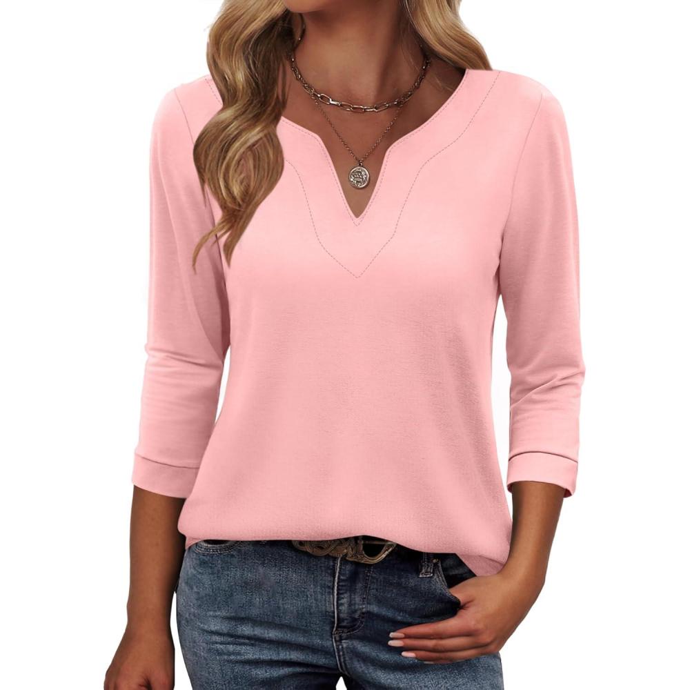 imageANRABESS Womens 34 Length Sleeve Tops V Neck Basic Tee Shirts 2025 Spring Summer Dressy Casual Tunic Blouses OutfitsCoral Pink