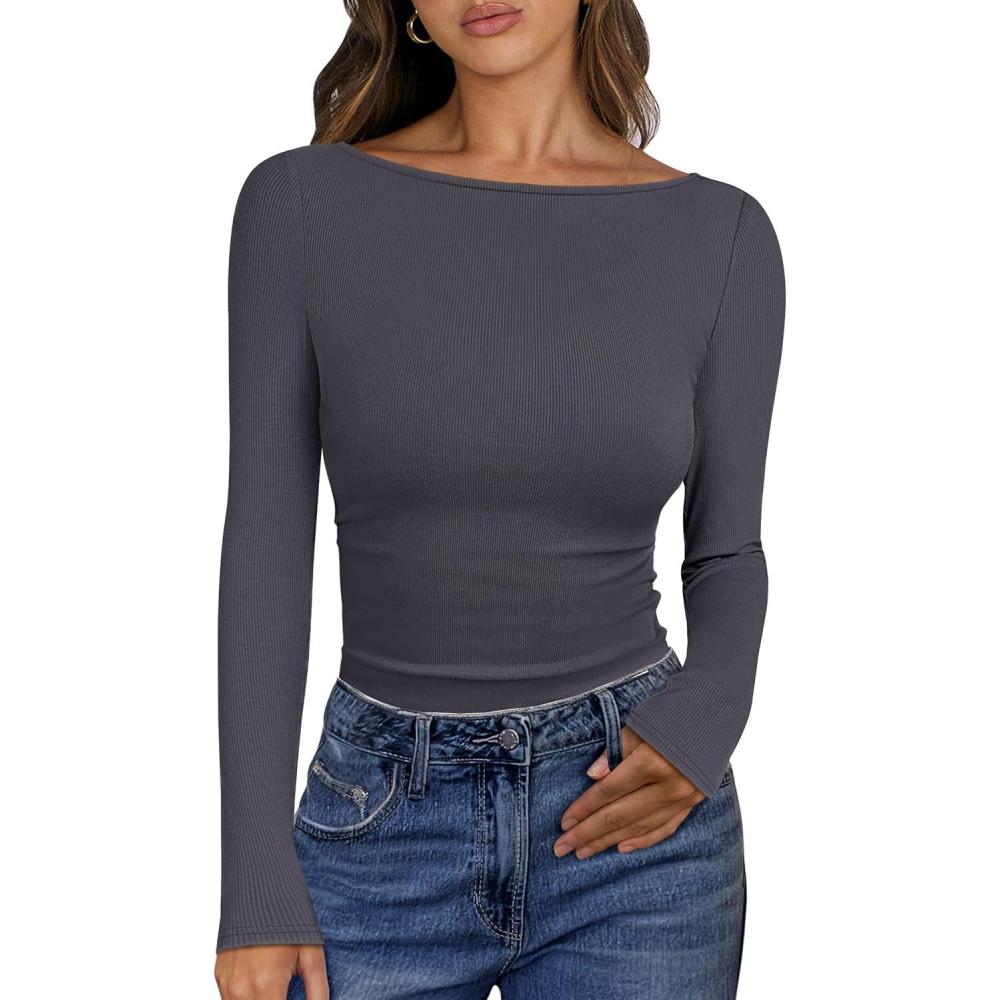 imageANRABESS Womens Boat Neck Long Sleeve Shirts Rib Knit Slim Fitting Tops Basic Tees 2025 Casual Comfy Fall Outfits ClothesDeep Grey