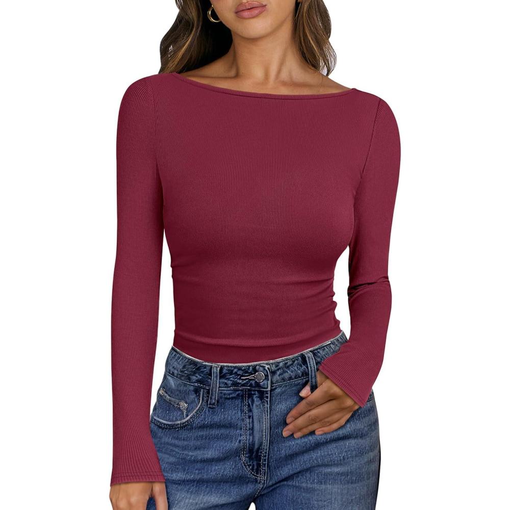imageANRABESS Womens Boat Neck Long Sleeve Shirts Rib Knit Slim Fitting Tops Basic Tees 2025 Casual Comfy Fall Outfits ClothesDeep Red