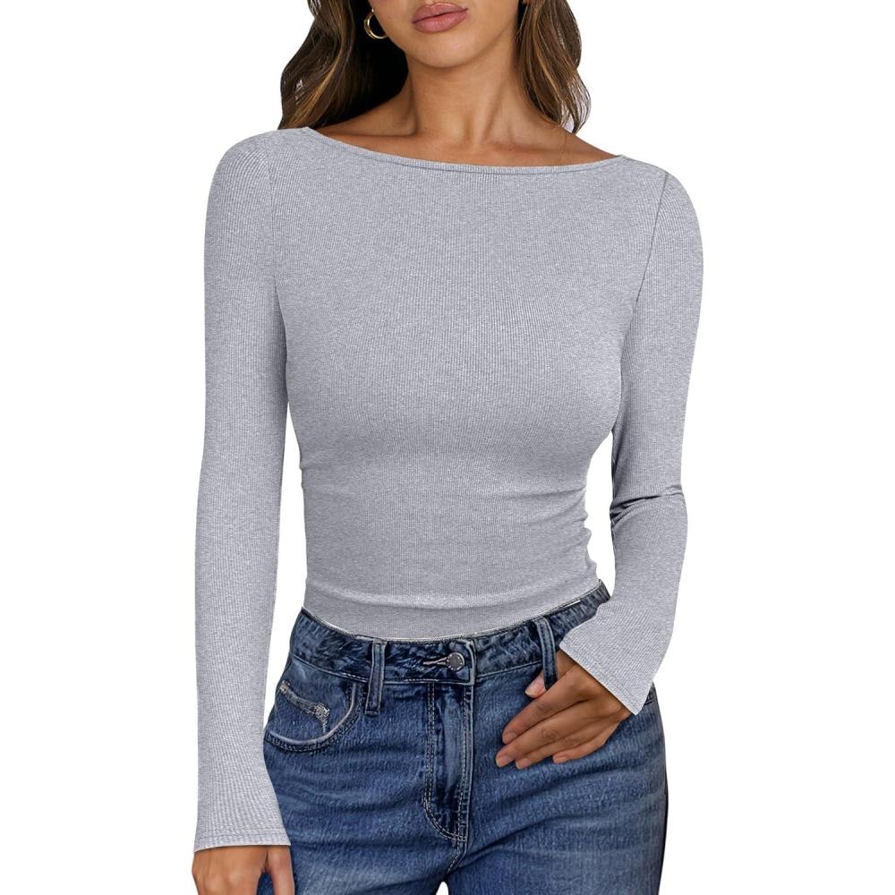 imageANRABESS Womens Boat Neck Long Sleeve Shirts Rib Knit Slim Fitting Tops Basic Tees 2025 Casual Comfy Fall Outfits ClothesGrey
