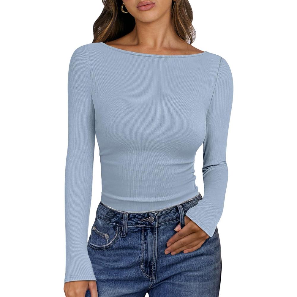imageANRABESS Womens Boat Neck Long Sleeve Shirts Rib Knit Slim Fitting Tops Basic Tees 2025 Casual Comfy Fall Outfits ClothesGrey Blue
