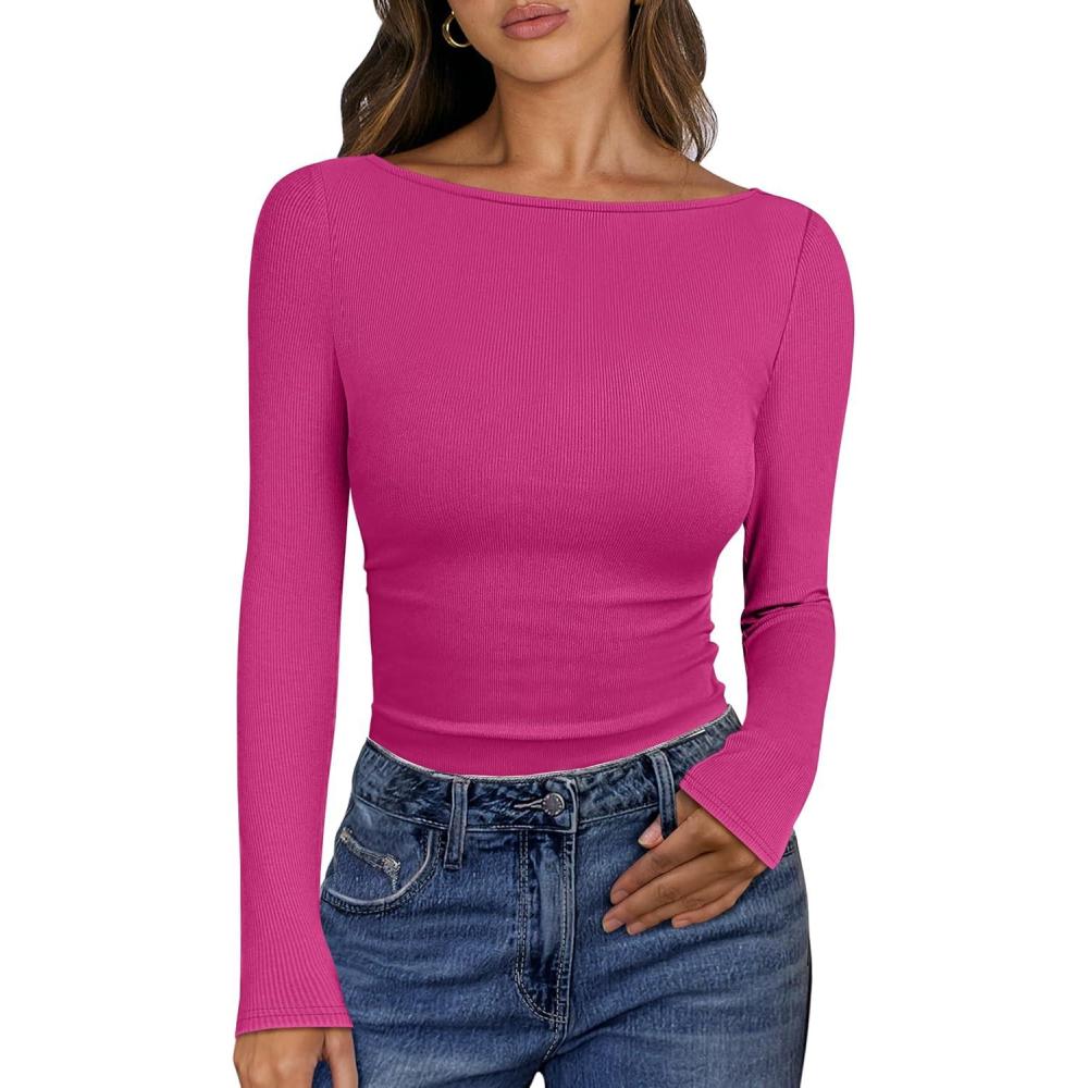 imageANRABESS Womens Boat Neck Long Sleeve Shirts Rib Knit Slim Fitting Tops Basic Tees 2025 Casual Comfy Fall Outfits ClothesHot Pink