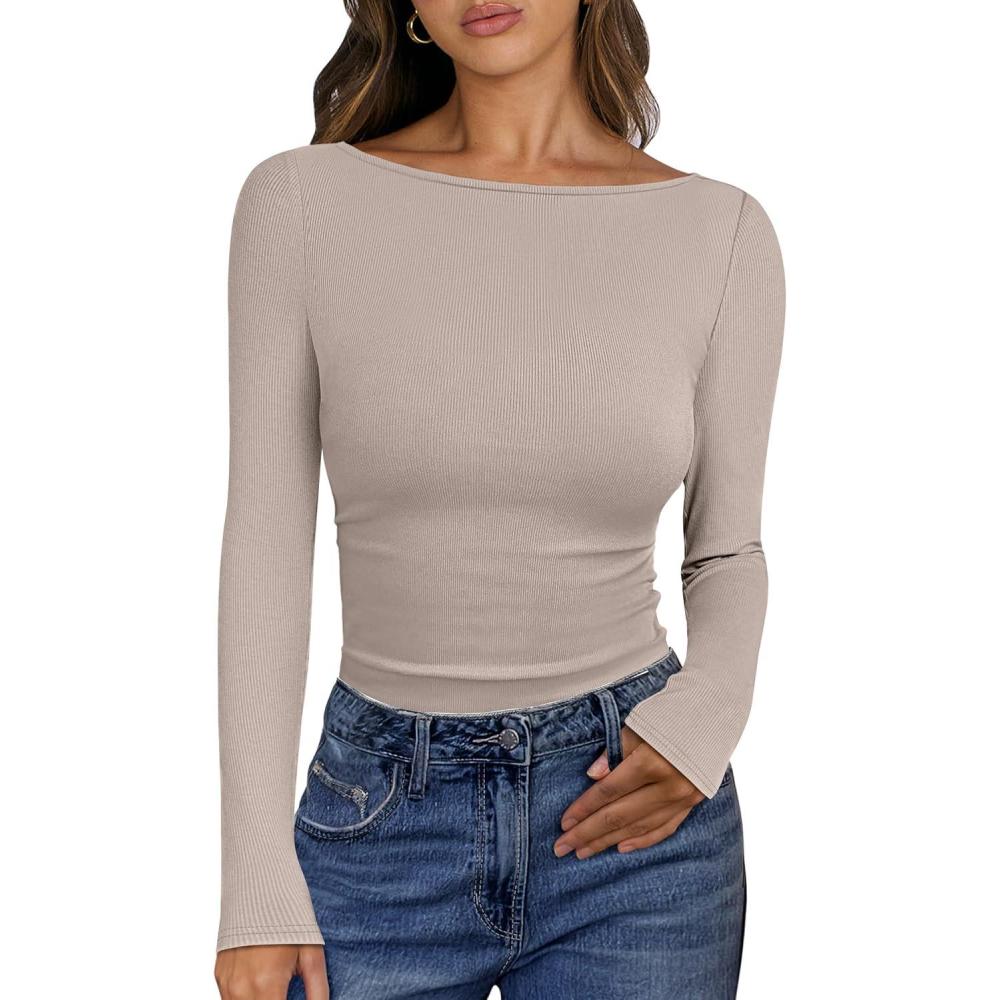 imageANRABESS Womens Boat Neck Long Sleeve Shirts Rib Knit Slim Fitting Tops Basic Tees 2025 Casual Comfy Fall Outfits ClothesKhaki