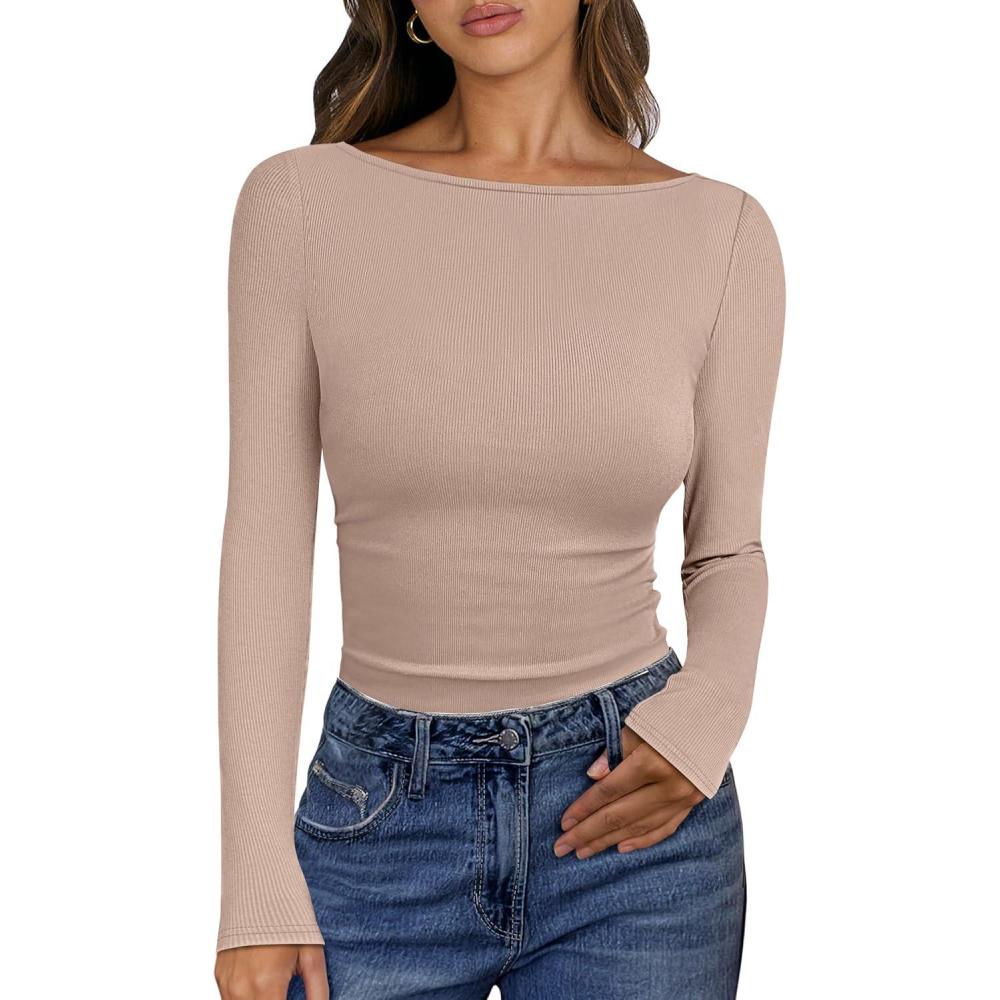 imageANRABESS Womens Boat Neck Long Sleeve Shirts Rib Knit Slim Fitting Tops Basic Tees 2025 Casual Comfy Fall Outfits ClothesLight Camel