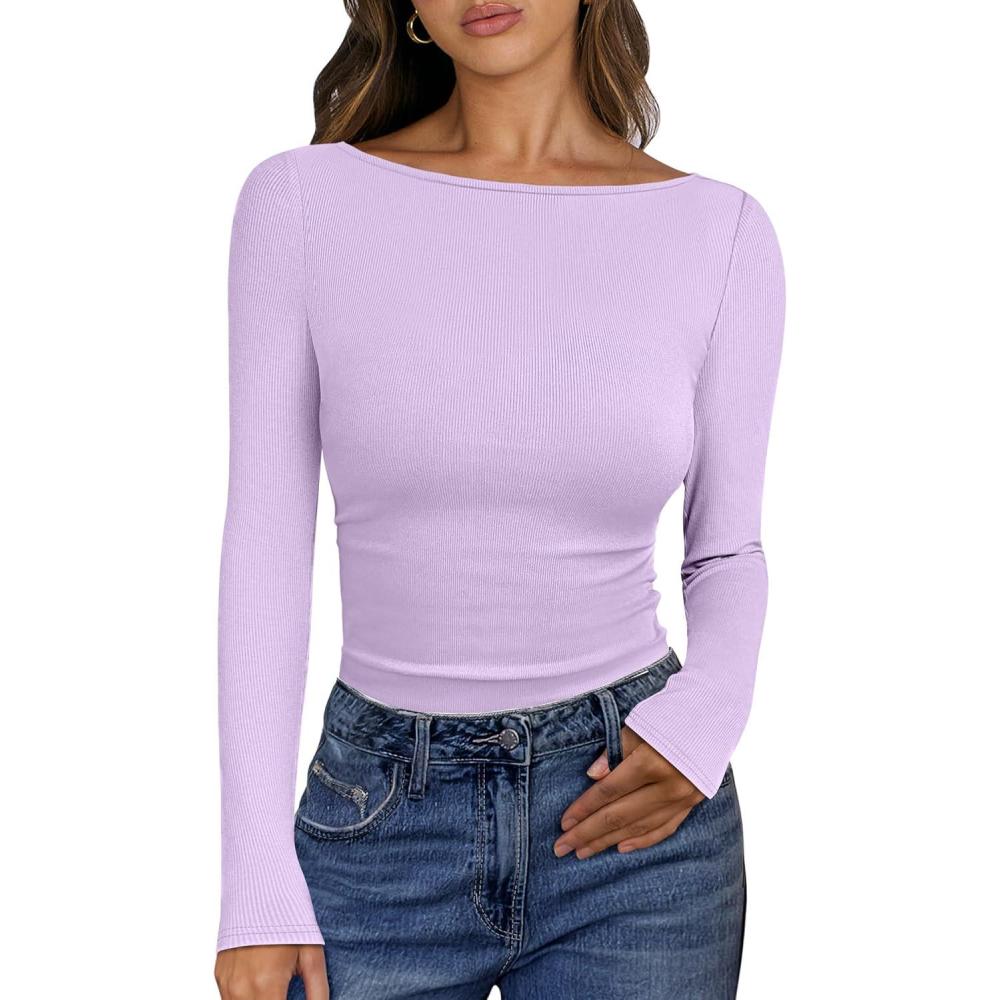 imageANRABESS Womens Boat Neck Long Sleeve Shirts Rib Knit Slim Fitting Tops Basic Tees 2025 Casual Comfy Fall Outfits ClothesLight Purple